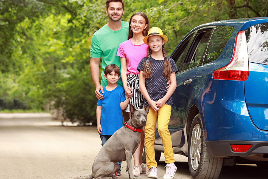 Personal Insurance - A Happy Father and Mother are Standing Together With Their Two Children and Their Dog Beside Their Blue Car Outside